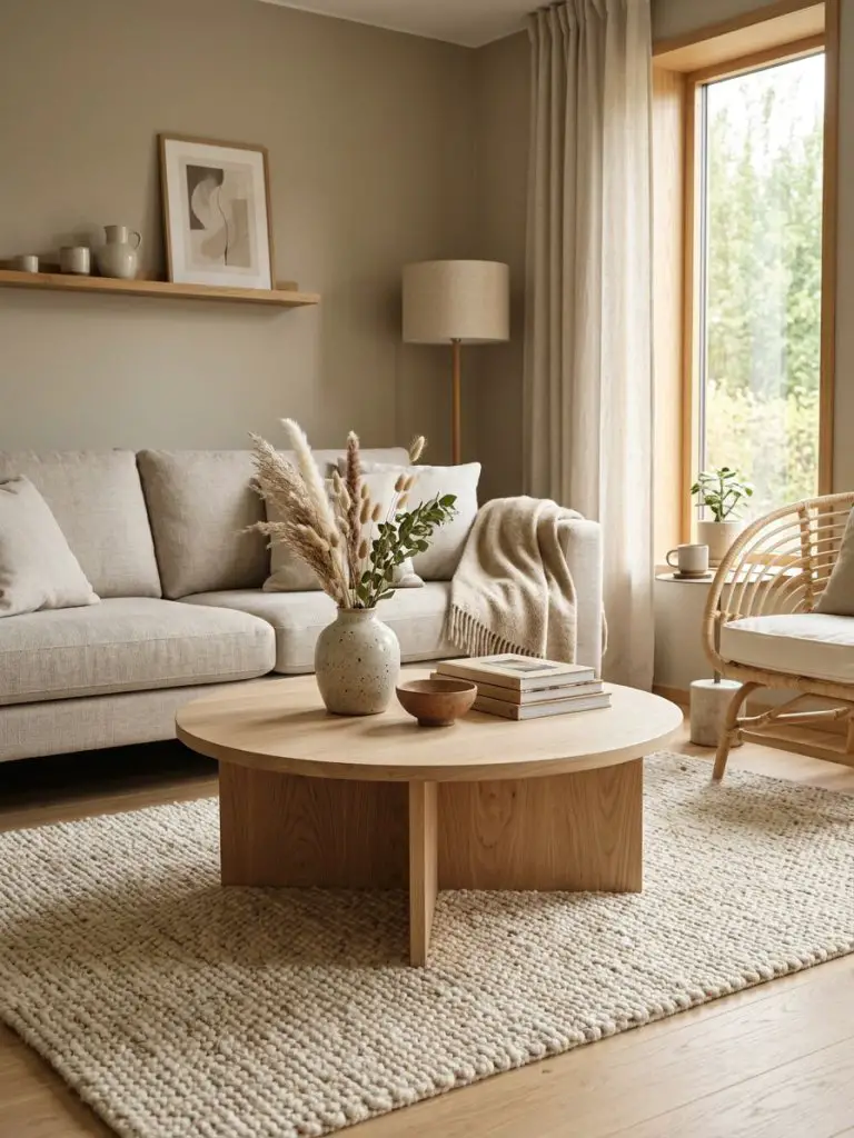 A warm Scandinavian minimalist living room centered around a pale wood coffee table as the hero object.