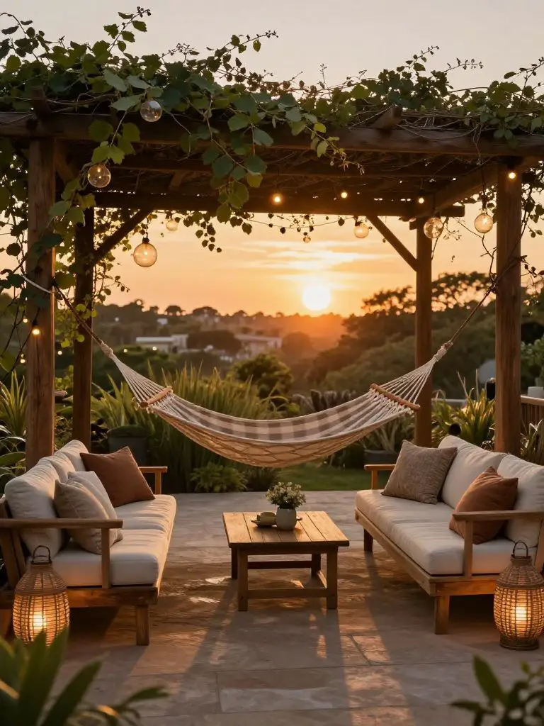 Design a warm sunset pergola lounge with hanging globe lights and a hammock suspended between wooden posts.
