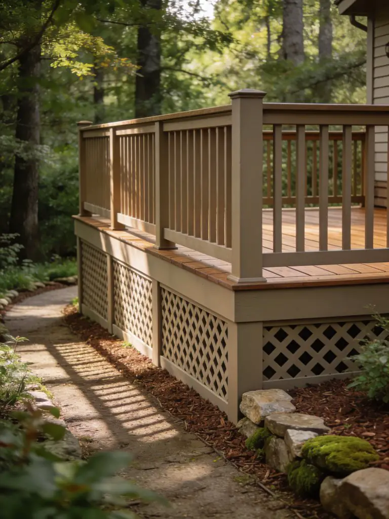 A warm taupe deck with cohesive lattice skirting in a modern rustic outdoor setting.