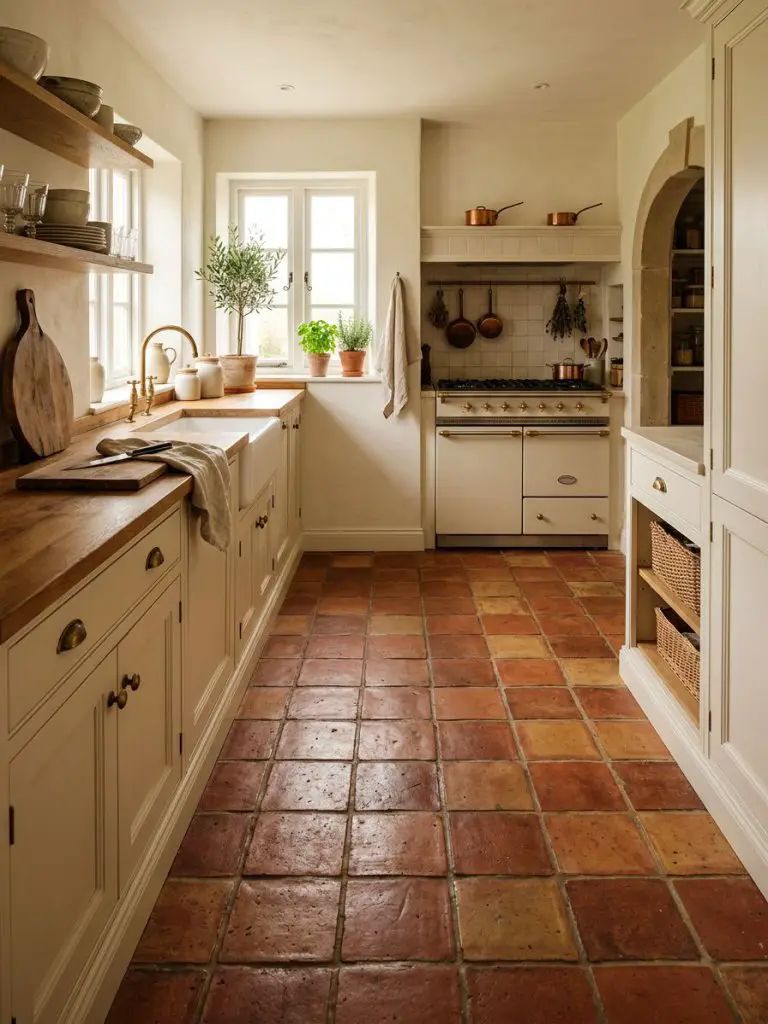 A cozy traditional kitchen with warm terracotta tile flooring in a modern rustic and Mediterranean-inspired style.