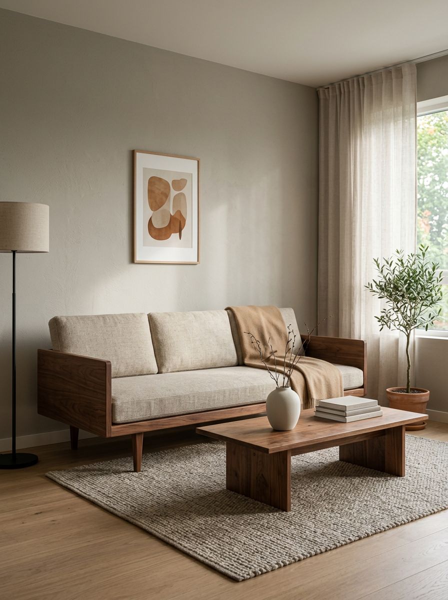 A serene mid-century modern minimalist living room focused on warm walnut furniture as the central visual anchor.