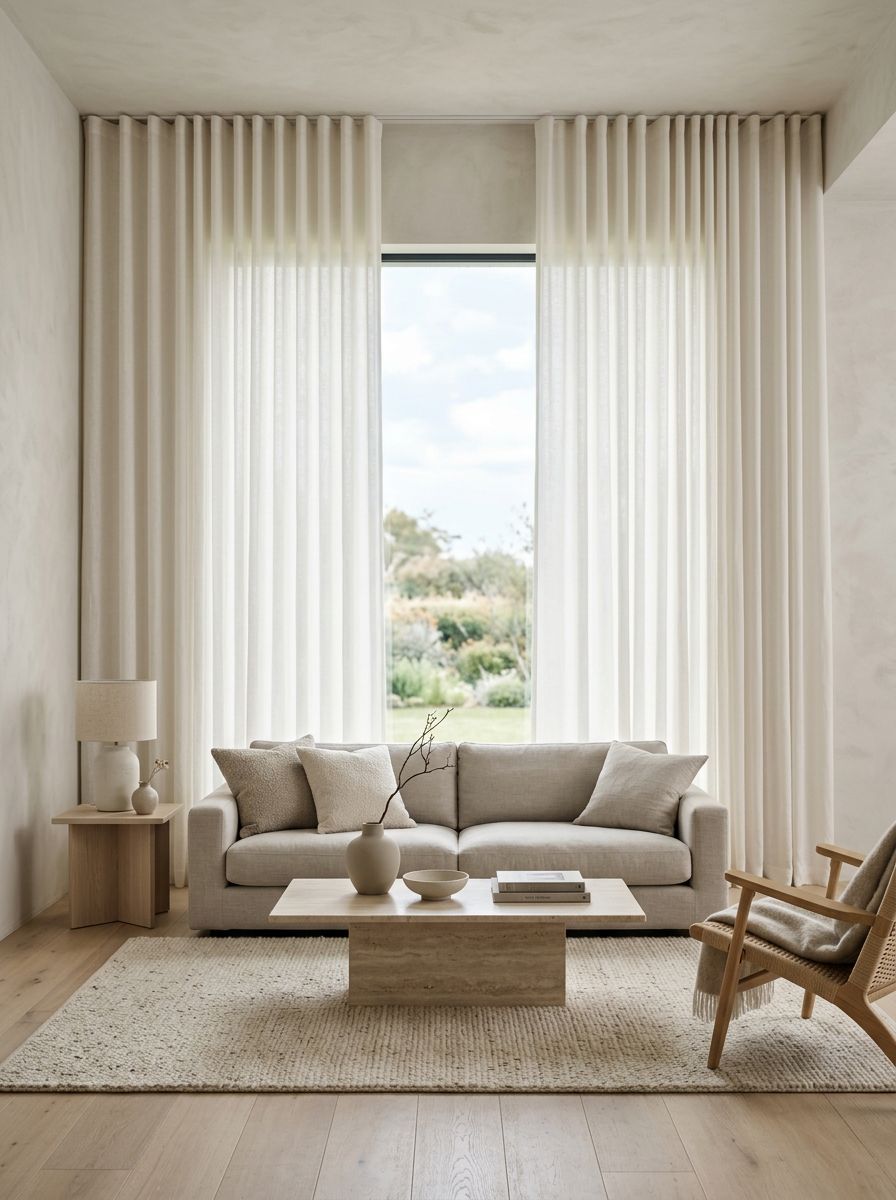 A sleek minimalist living room featuring warm white ripple fold curtains as the central design element.