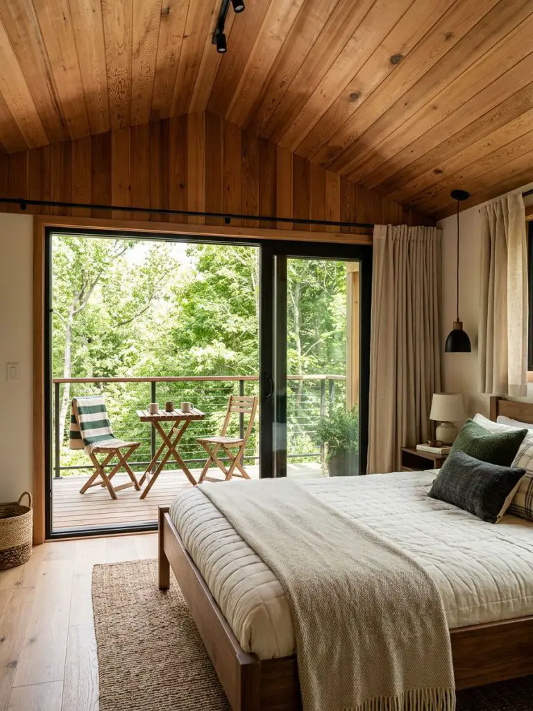 A modern rustic small bedroom with balcony featuring a dramatic warm wood plank ceiling that draws the eye upward and visually enlarges the.
