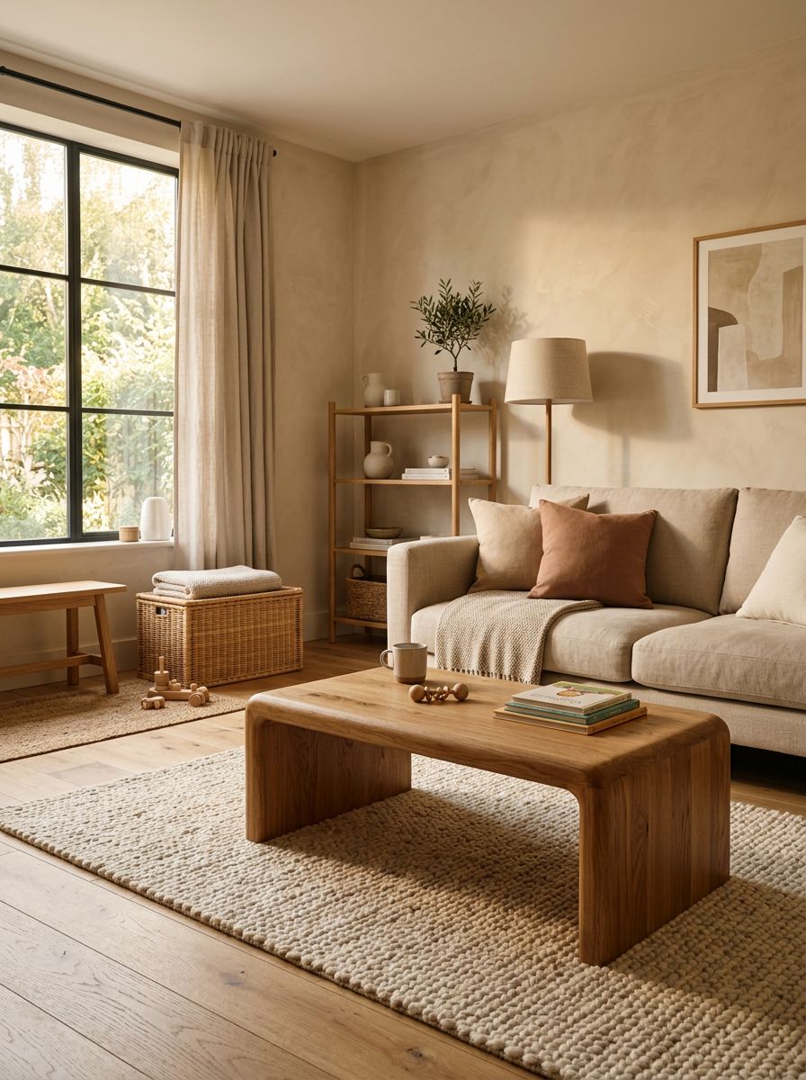 A warm wood minimalist living room that creates an inviting environment for families with children.