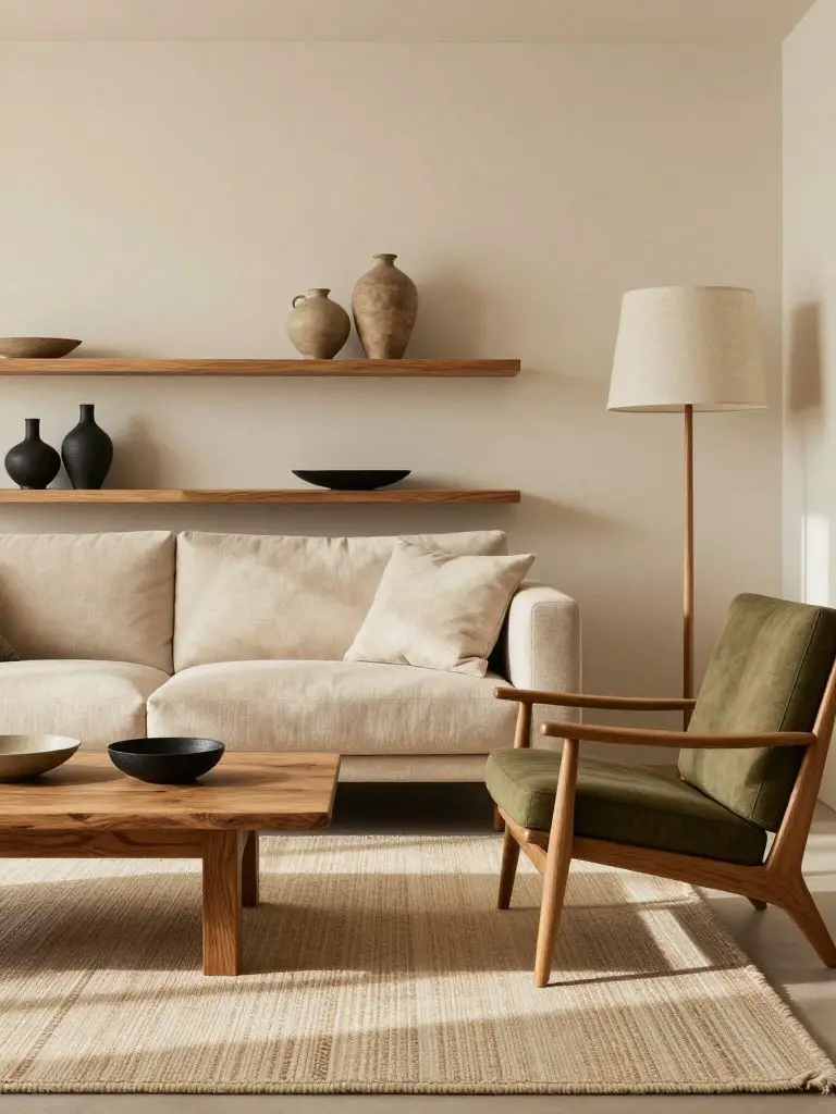A warm modern minimalist living room emphasizing natural wood textures and rustic elegance.