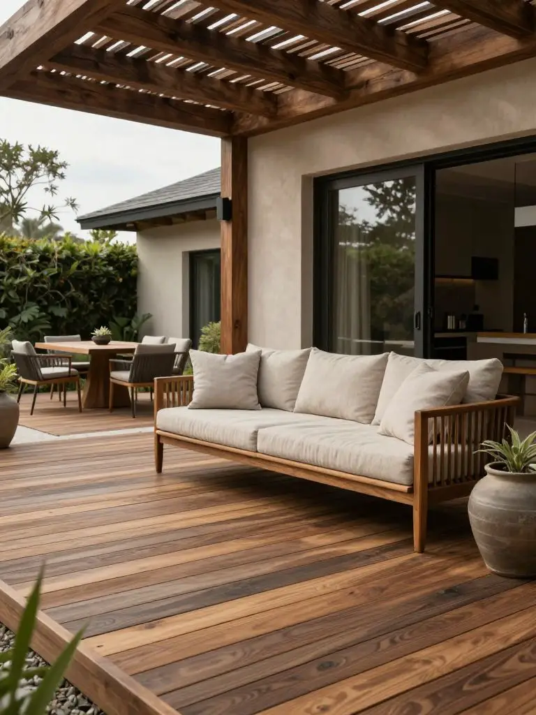 A spacious wooden deck patio in modern rustic style featuring a rich-toned wood deck and a large pergola overhead.
