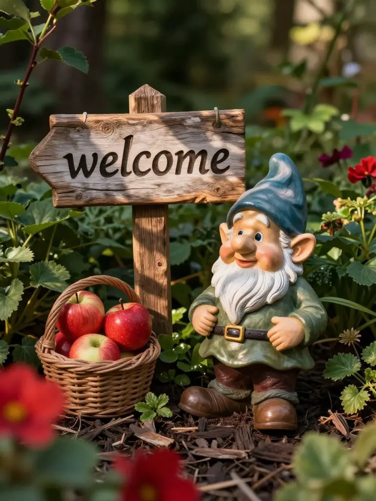 Create a whimsical fairy garden entrance scene featuring a seated garden gnome beside a rustic wooden “welcome” sign and a small basket of r.
