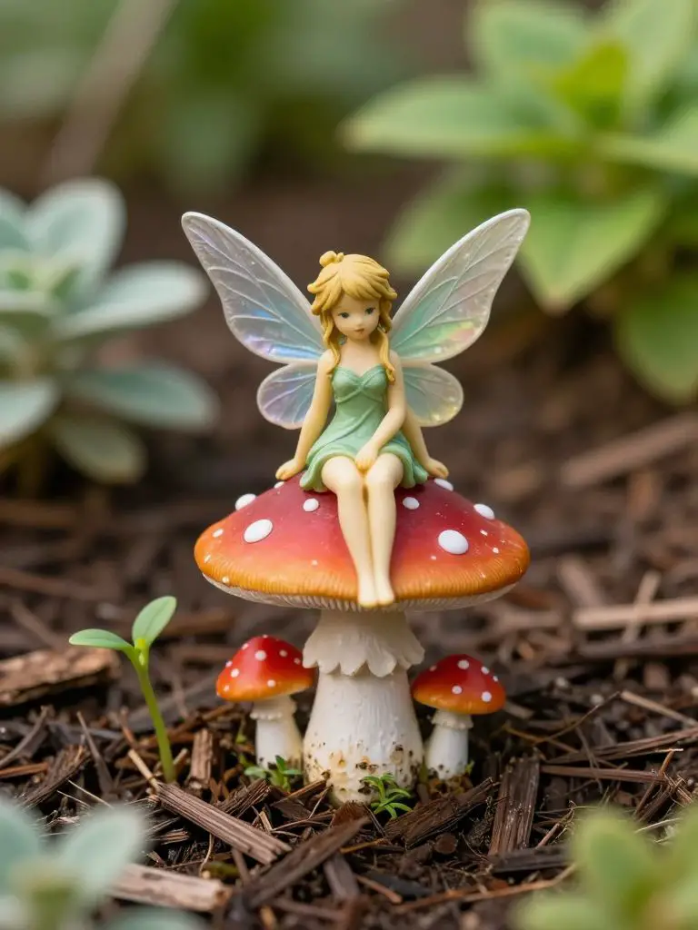 Design a close-up fairy garden vignette featuring a delicate fairy figurine seated atop a red-and-white spotted mushroom pedestal.