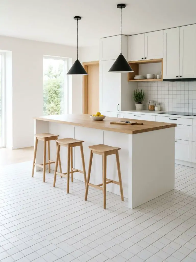 A clean minimalist kitchen with white subway-style tile flooring arranged in a grid pattern, offering subtle texture and brightness.