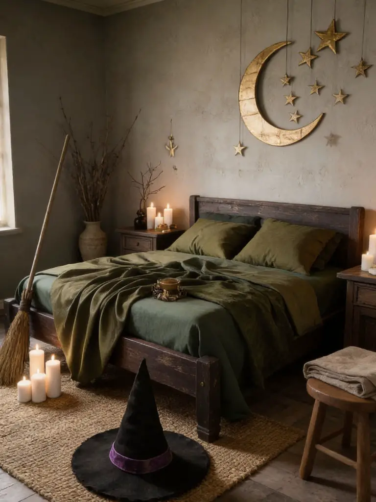 A moody forest-inspired witch bedroom designed with deep green and earthy tones