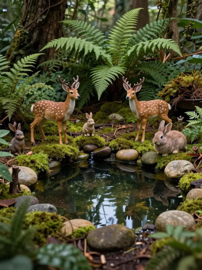 Design a woodland pond fairy habitat set in a shaded garden bed with miniature deer and rabbits around a reflective water pool.