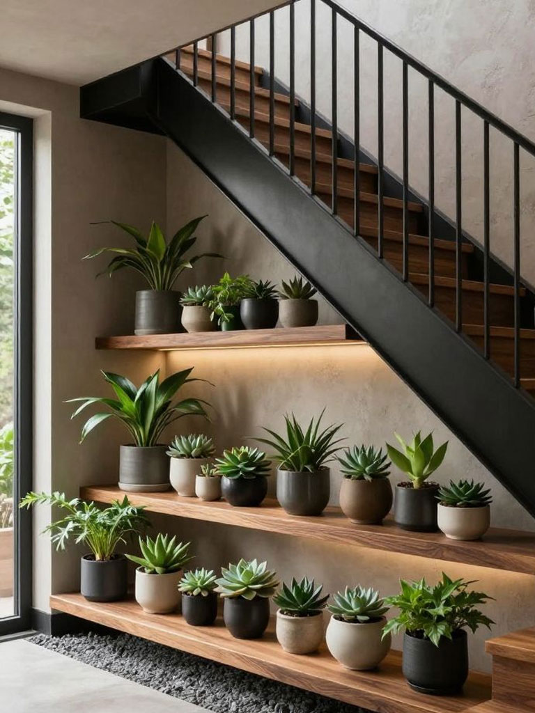 A modern small garden under stairs featuring sleek black floating shelves filled with potted succulents and leafy plants