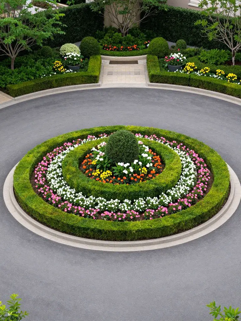 A grand circular end of driveway landscaping design featuring a manicured round flower bed island at the center of a curved driveway.