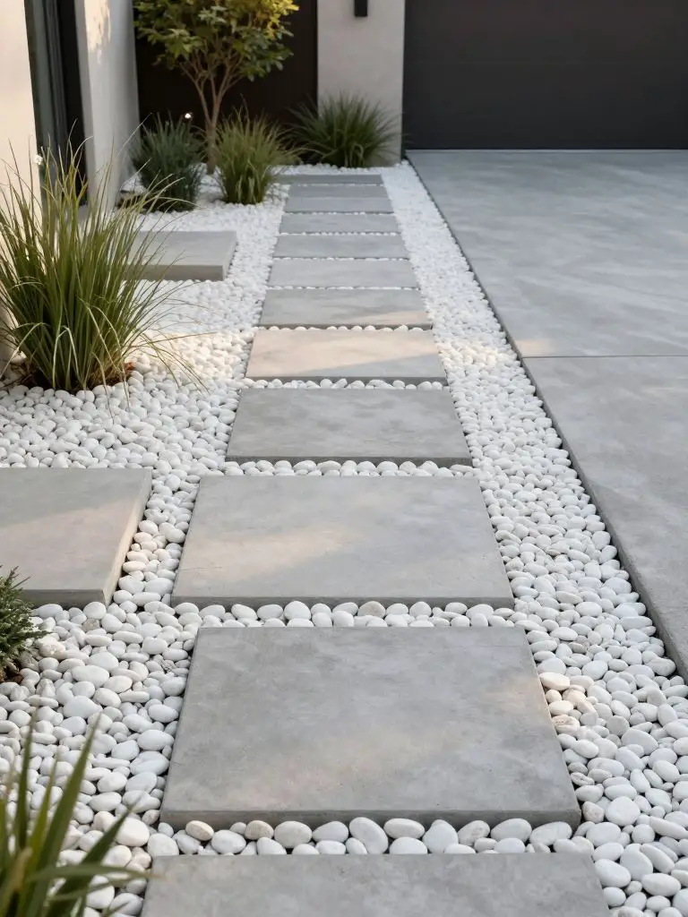 A minimalist front driveway landscape with a Zen-inspired design featuring white pebbles and large stepping stone slabs.