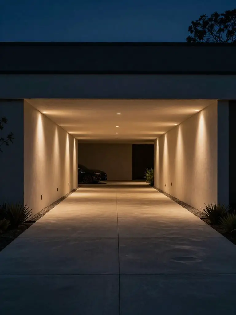 A sleek modern driveway endpoint at night featuring integrated wall lighting and subtle landscape illumination.