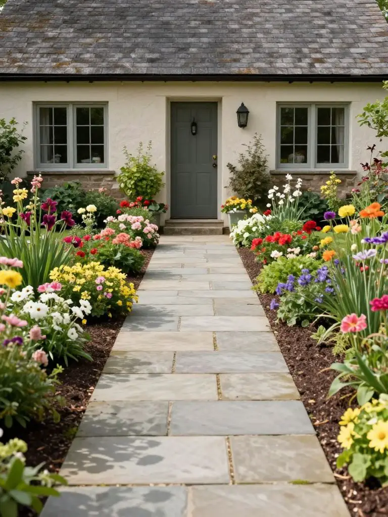 A cottage-style front driveway path leading to a cozy home, surrounded by lush flower beds and soft landscaping.