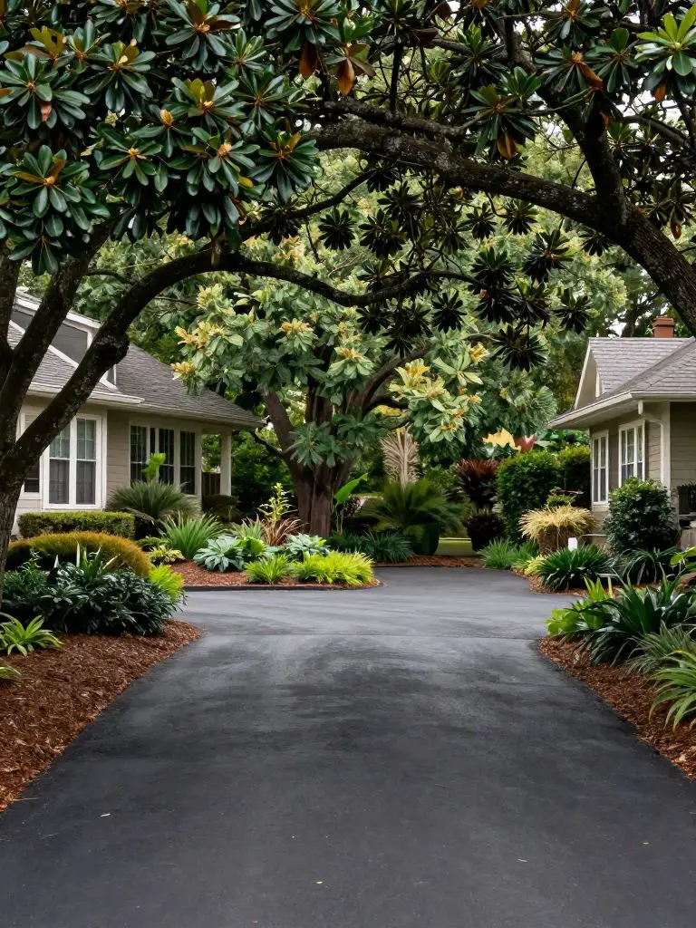 A residential driveway bordered by mature magnolia trees and dense greenery, creating a private and lush entry.