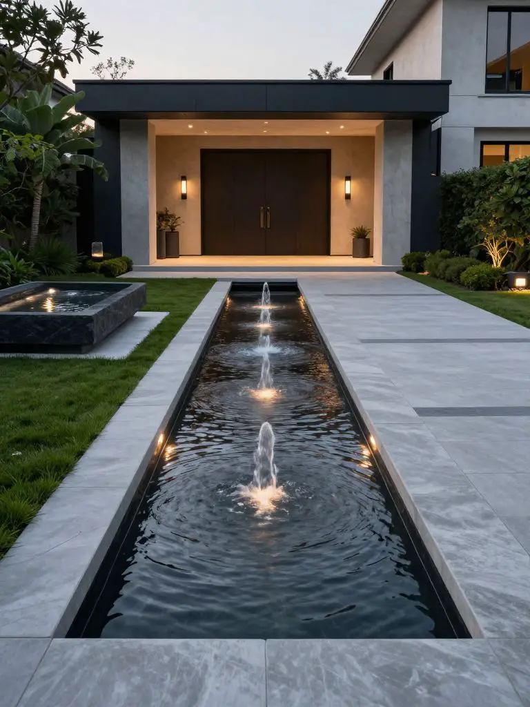 A contemporary luxury end of driveway landscaping design featuring a linear water feature leading toward a modern home entrance.