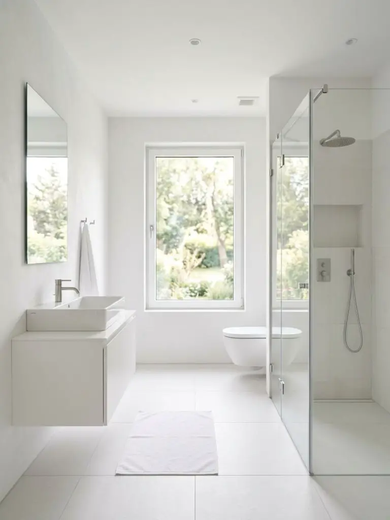 An all-white minimalist small bathroom designed for maximum brightness and openness, featuring a floating vanity, glass shower, and soft til.