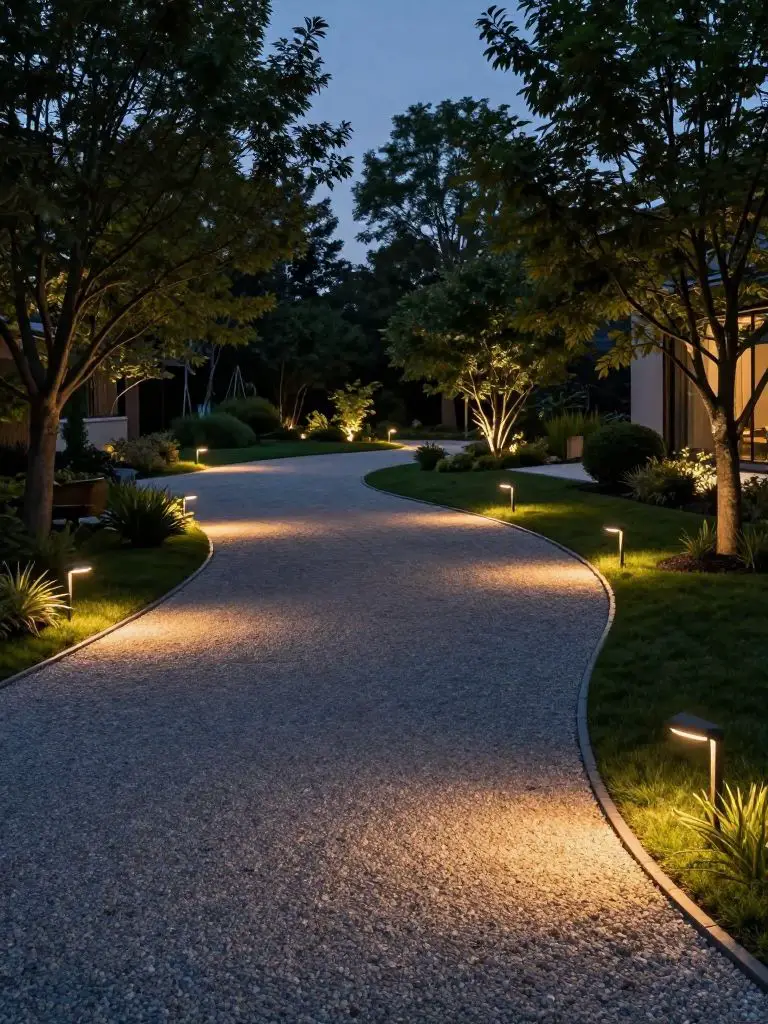 An evening driveway landscape illuminated by subtle ground lighting in a modern rustic outdoor design.