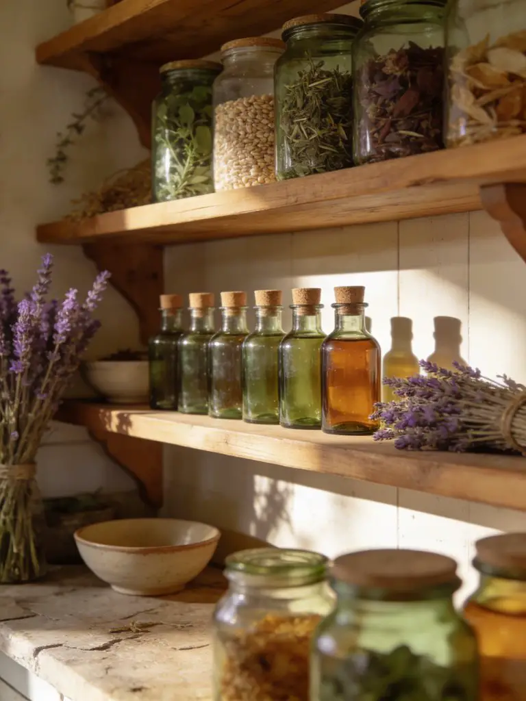 A cottagecore kitchen shelving scene styled as an apothecary display with raw wood shelving and glass jars filled with dried herbs, grains.