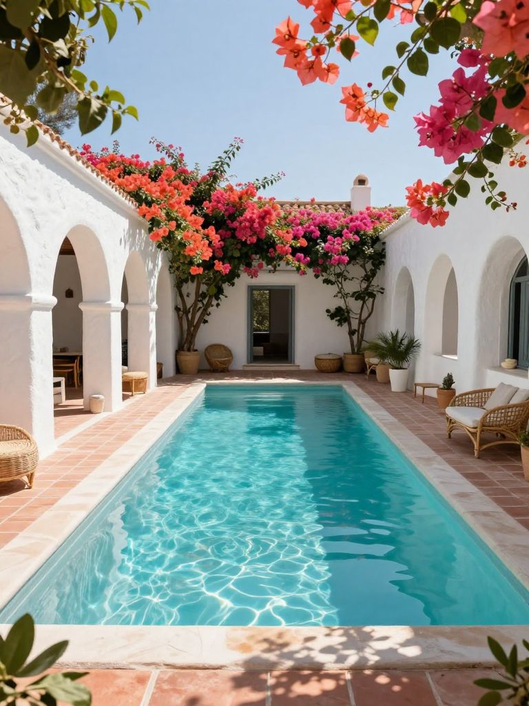 A Mediterranean villa pool scene in a warm rustic coastal style, showcasing a long rectangular pool running parallel to a white stucco home.