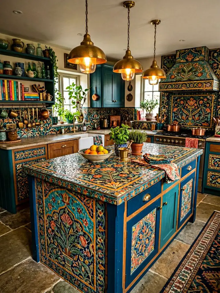 An artistic kitchen featuring mosaic-style cabinetry and countertops with intricate floral patterns in jewel tones, styled in a maximalist m.