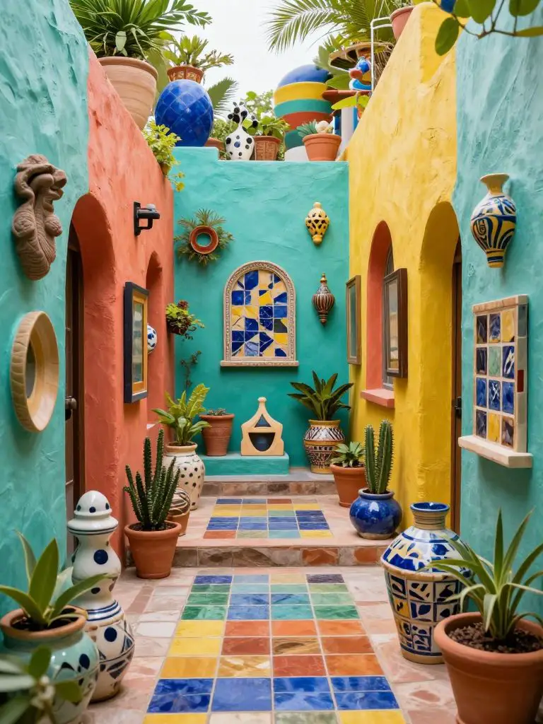 An artistic garden walkway filled with bold painted walls, sculptural decor, and colorful tiles creating a whimsical outdoor gallery.
