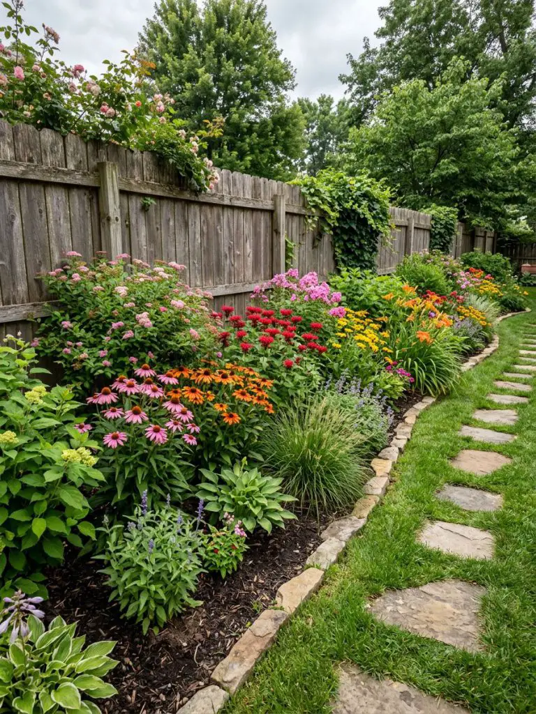 A backyard narrow flower bed running along a wooden fence line, filled with mixed perennials and shrubs in a relaxed garden design.