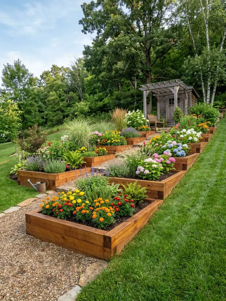 A backyard slope transformed into structured raised timber beds in a modern rustic style, featuring a mix of flowering plants and lush green.