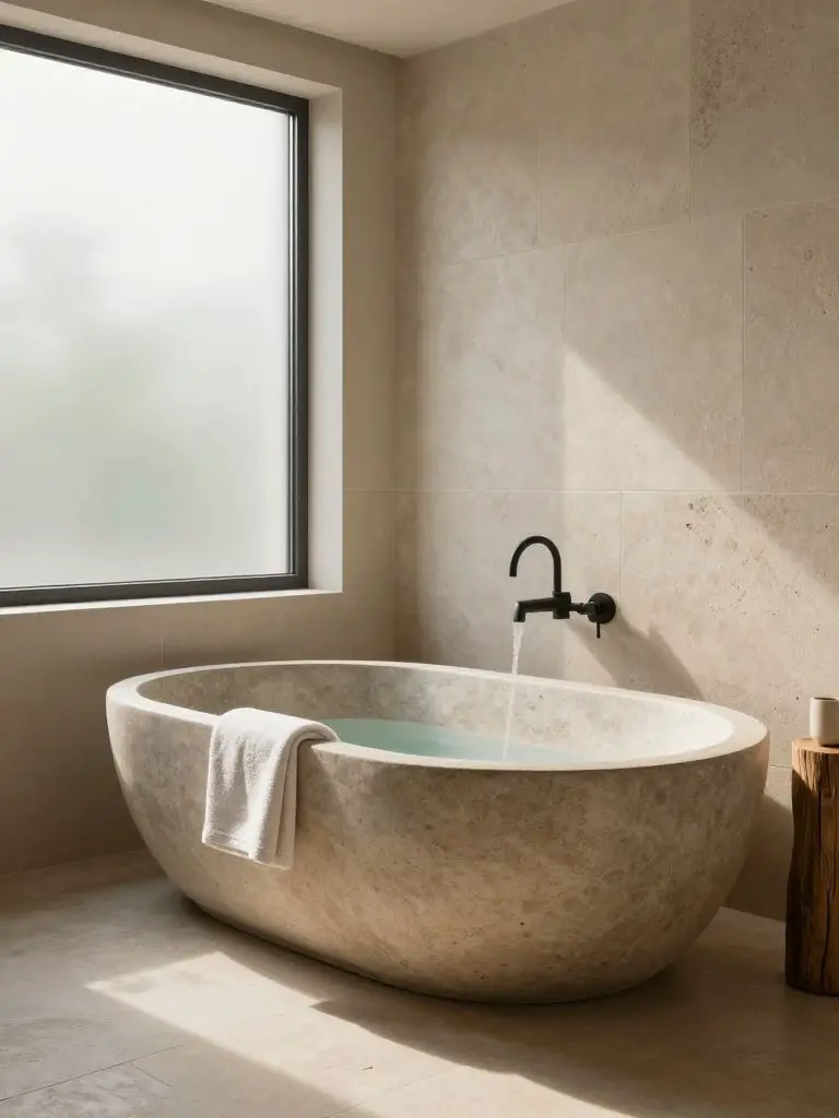 A spa-like bathroom sanctuary inspired by natural materials and sustainable design principles.