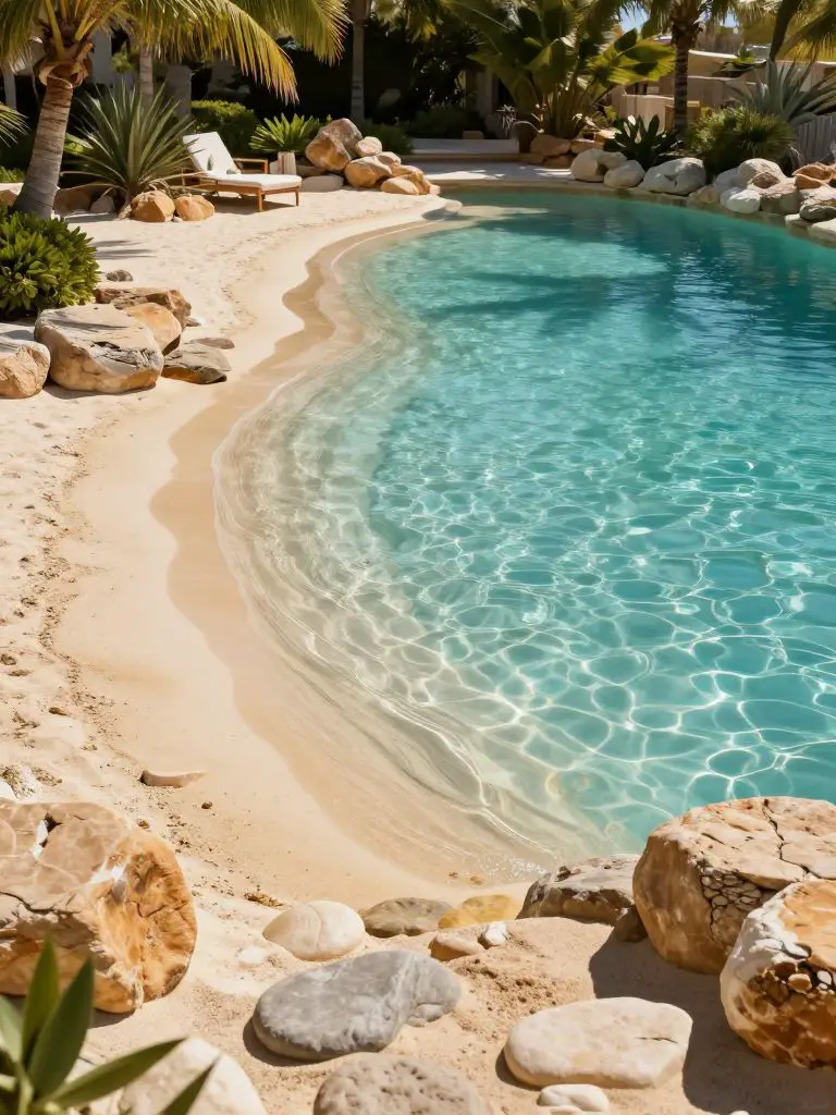 A beach-entry natural swimming pool backyard designed in a coastal resort style with a soft sandy shoreline transition into the water.