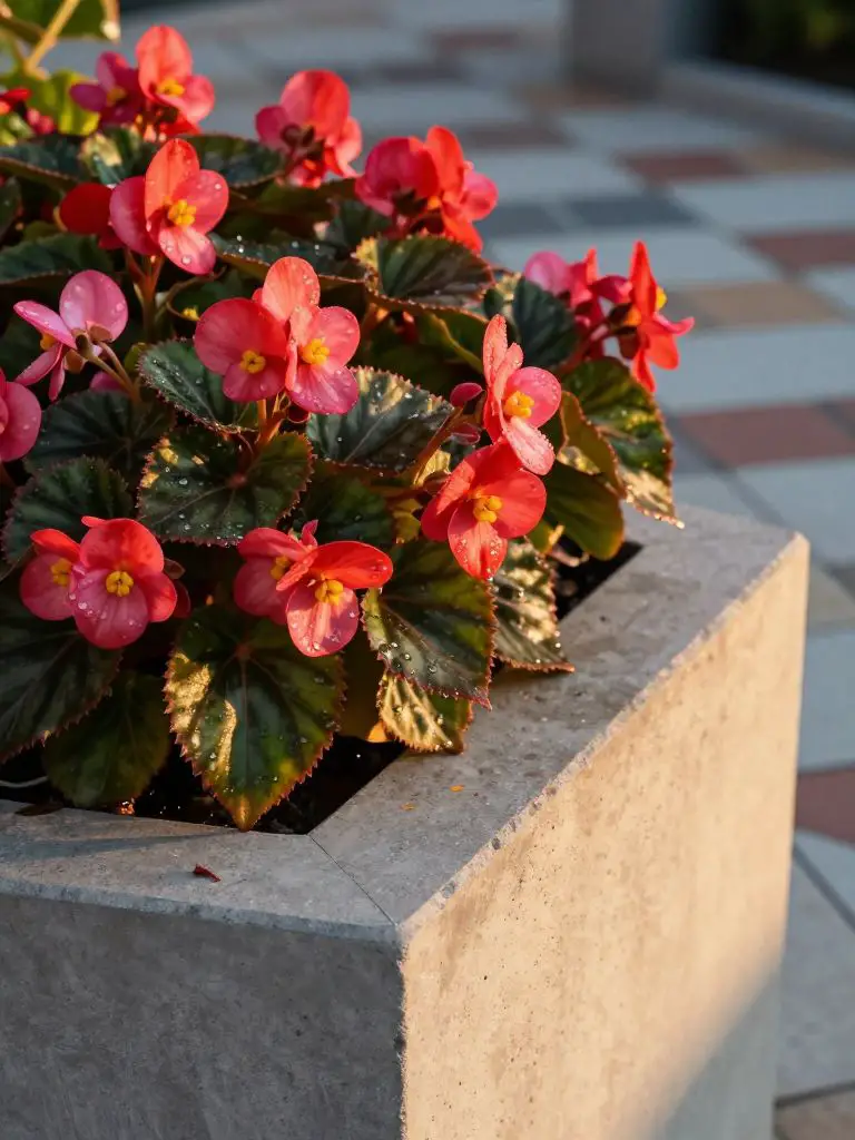 A vibrant display of begonias lines a modern concrete planter, their waxy scarlet and pink petals and glossy green leaves beaded with water.