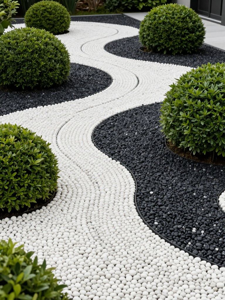A striking driveway edging concept featuring contrasting black and white pebbles arranged in flowing patterns around sculpted shrubs, styled.