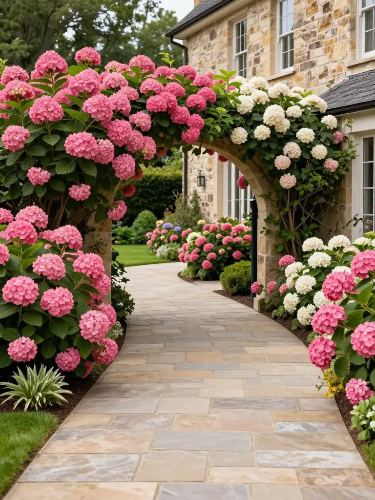 A charming curved driveway entrance in a modern rustic garden design, lined with abundant blooming hydrangea bushes in vivid pink and soft w.