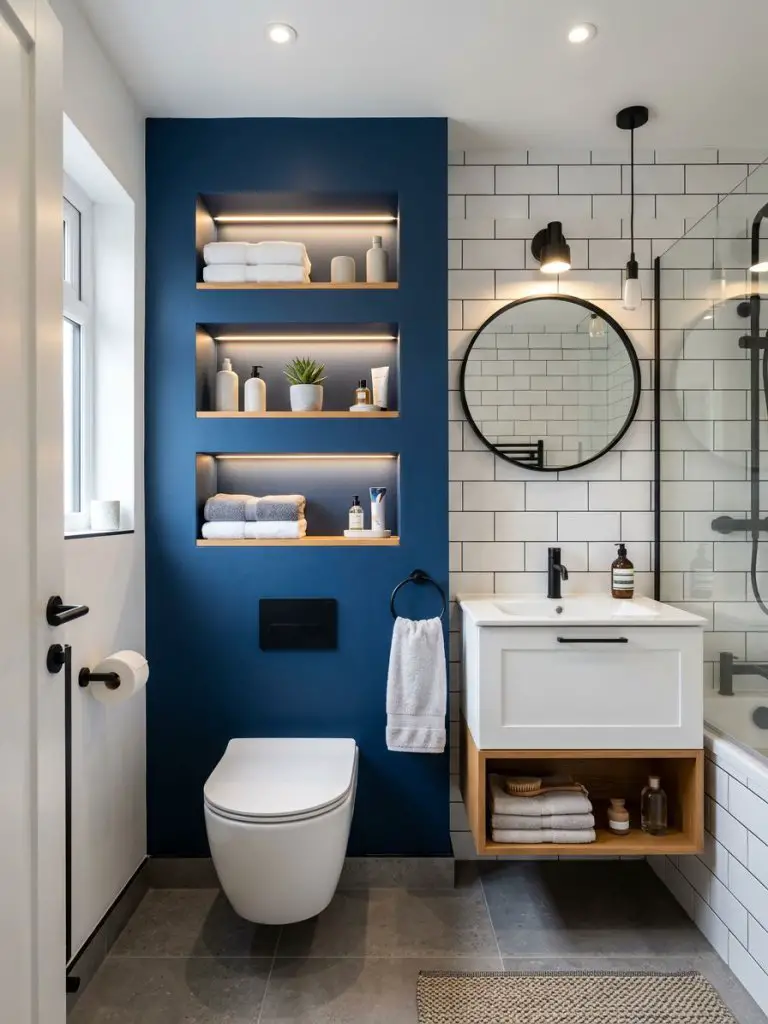 A compact bathroom in a modern urban style, featuring a bold blue accent wall with built-in storage niches as the central focal point.