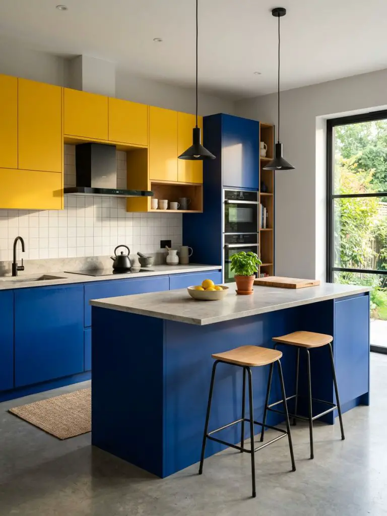 A bold modern colorful minimalist kitchen featuring deep blue lower cabinets and bright yellow upper cabinetry.