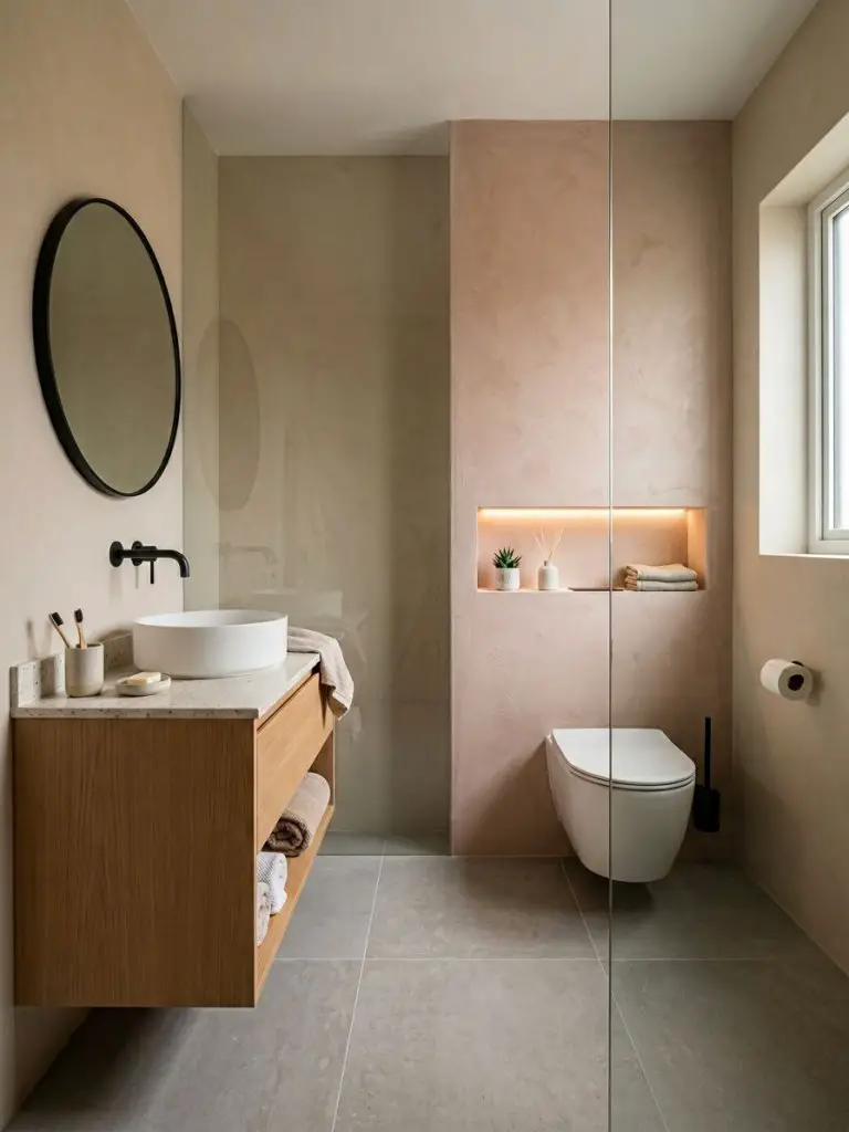 A tiny modern bathroom in a soft minimalist style, featuring a glass partition separating the vanity and toilet area, with a blush-toned acc.