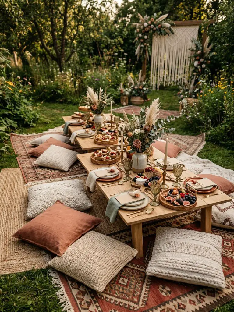 A boho-inspired small garden wedding picnic setup in a Warm Minimalist and Bohemian Rustic blend, featuring layered rugs and low wooden tabl.