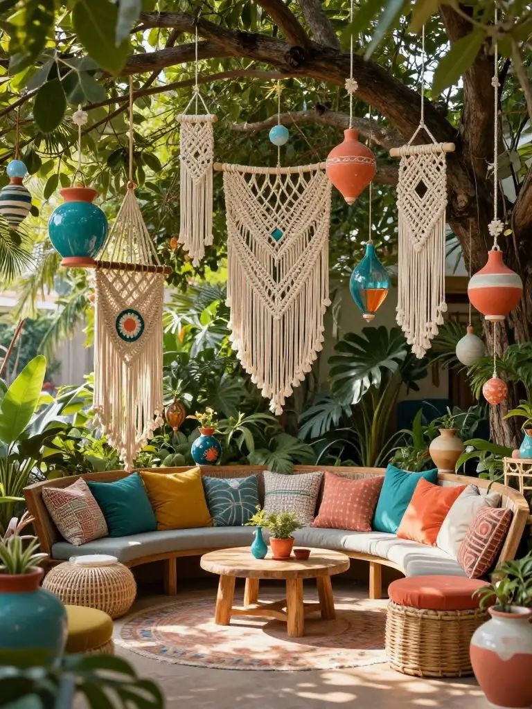 A vibrant boho garden nook beneath a large tree adorned with hanging handmade ornaments, macrame decor, and eclectic seating.