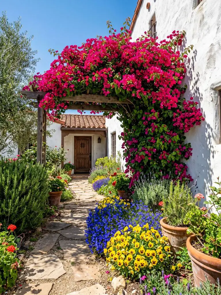 A vibrant Mediterranean-style front yard featuring a massive arch of bright magenta bougainvillea against a white stucco wall.
