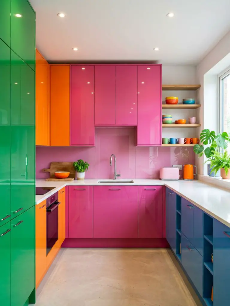 A maximal color-block colorful minimalist kitchen with glossy cabinetry in vivid shades of green, pink, orange, and blue arranged in a struc.