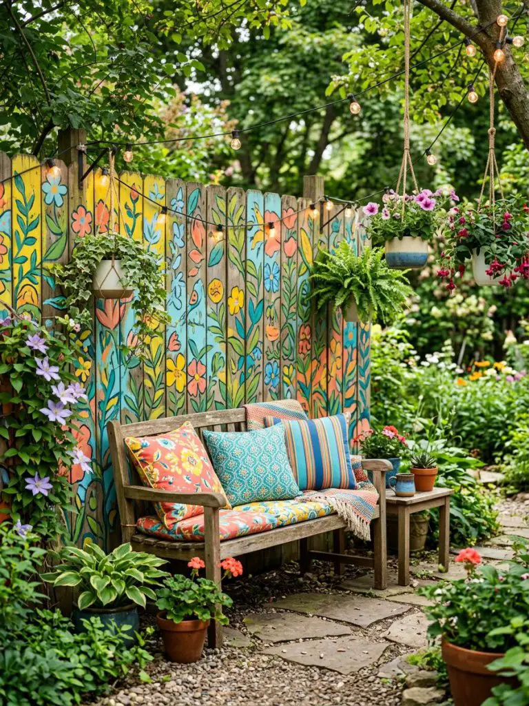 A bold and playful garden seating nook in an eclectic style, featuring a brightly painted wooden fence with floral patterns in vibrant hues.