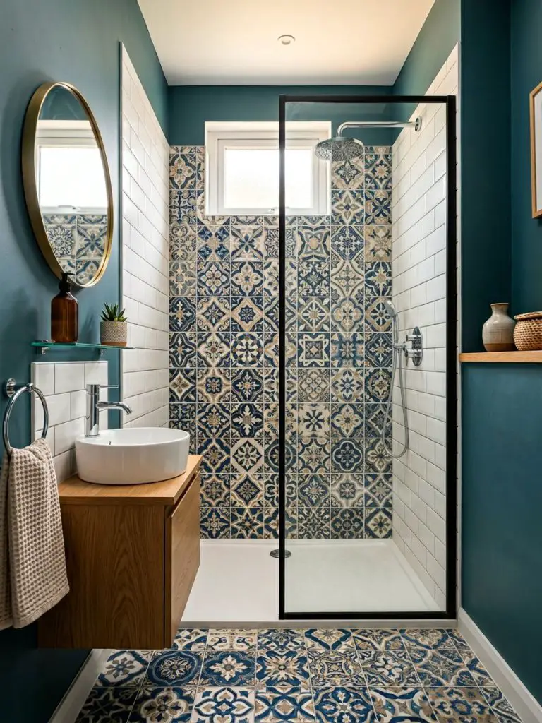 A tiny bathroom bursting with personality through bold patterned tiles in a contemporary eclectic style.