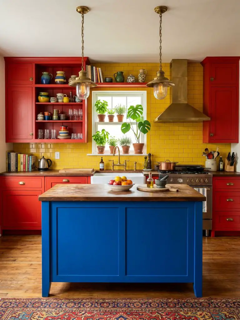 An eclectic kitchen bursting with bold primary colors, featuring red cabinetry, blue island base, and yellow backsplash tiles.