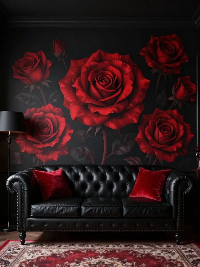 A dark romantic witchy living room featuring a black tufted leather sofa positioned against a bold black wall adorned with oversized red ros.