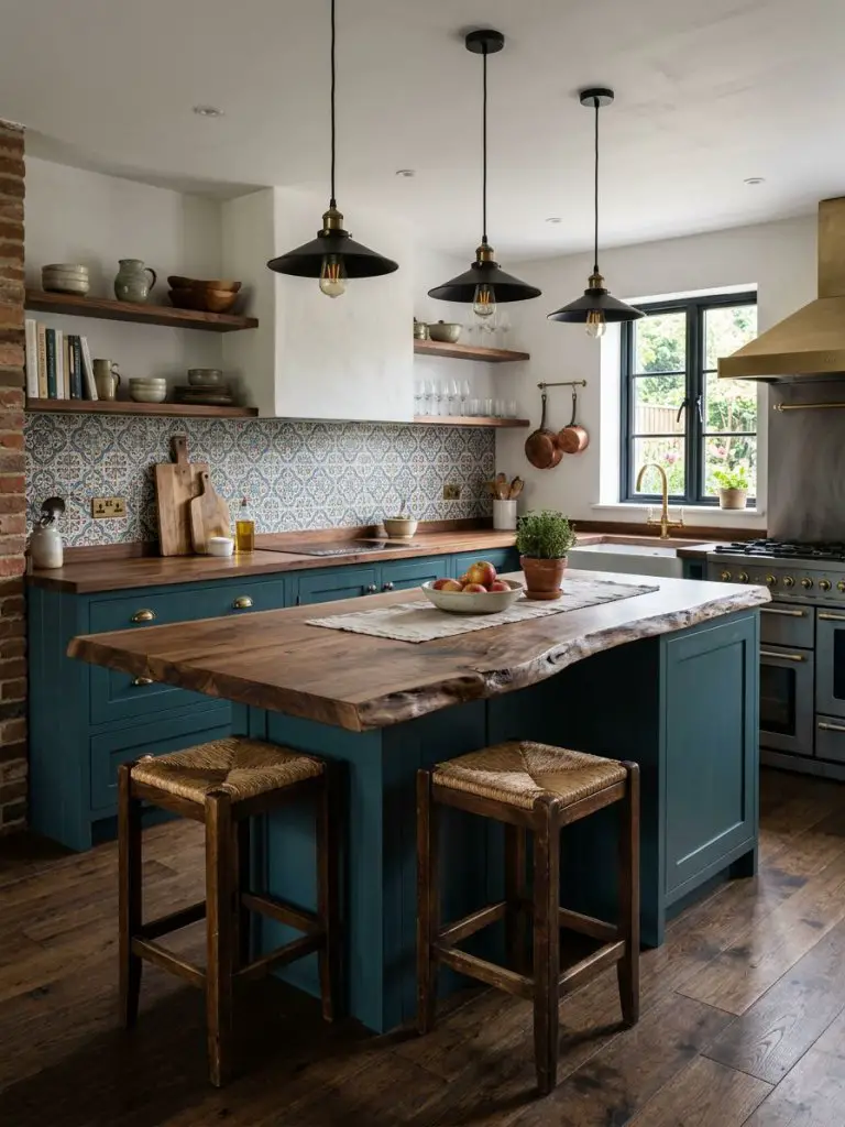 A bold farmhouse kitchen with a striking teal cabinet base and a live edge wood island countertop showcasing rich natural grain patterns.
