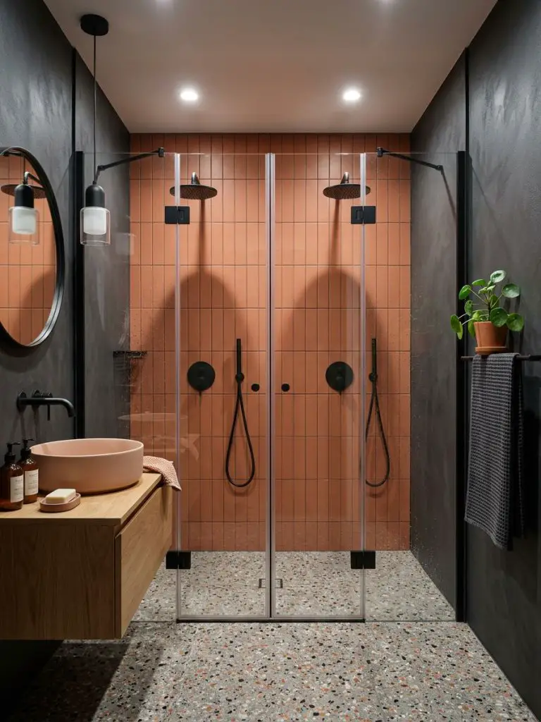 A bold tiny bathroom interior in a modern eclectic style, featuring a glass-enclosed shower with striking terracotta walls as the main focal.