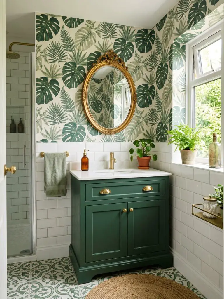 A botanical-inspired tiny bathroom with a statement green vanity and large-scale leaf wallpaper in a modern tropical style.
