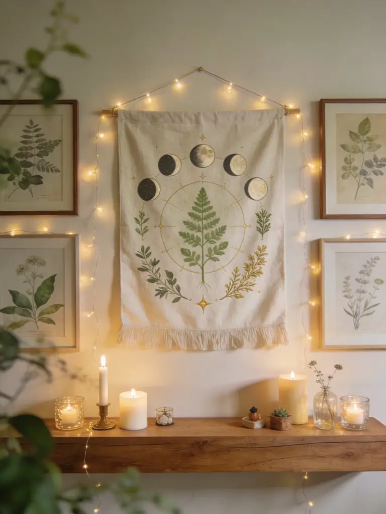A botanical wall display with a fabric tapestry featuring moon phases and herbs, surrounded by framed botanical prints and fairy lights.
